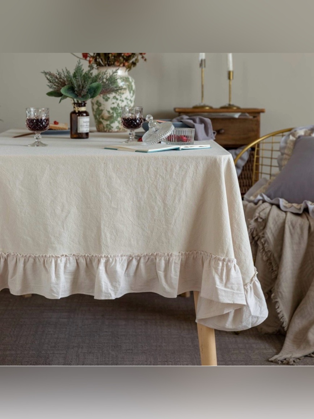 Farmhouse Ruffle Tablecloth 100% Cotton Rectangular 60x120” - BEIGE
